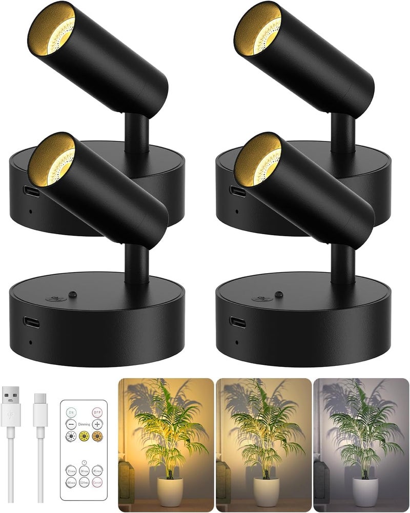 GOODEA Spotlights Indoor with Remote, 3000mAh Rechargeable Battery Plant Spotlight Indoor, Wireless Uplighting with 3 Colors & Dimmable, LED Picture Light for Painting, Artwork Accent Lighting(4 Pack) - Image 1